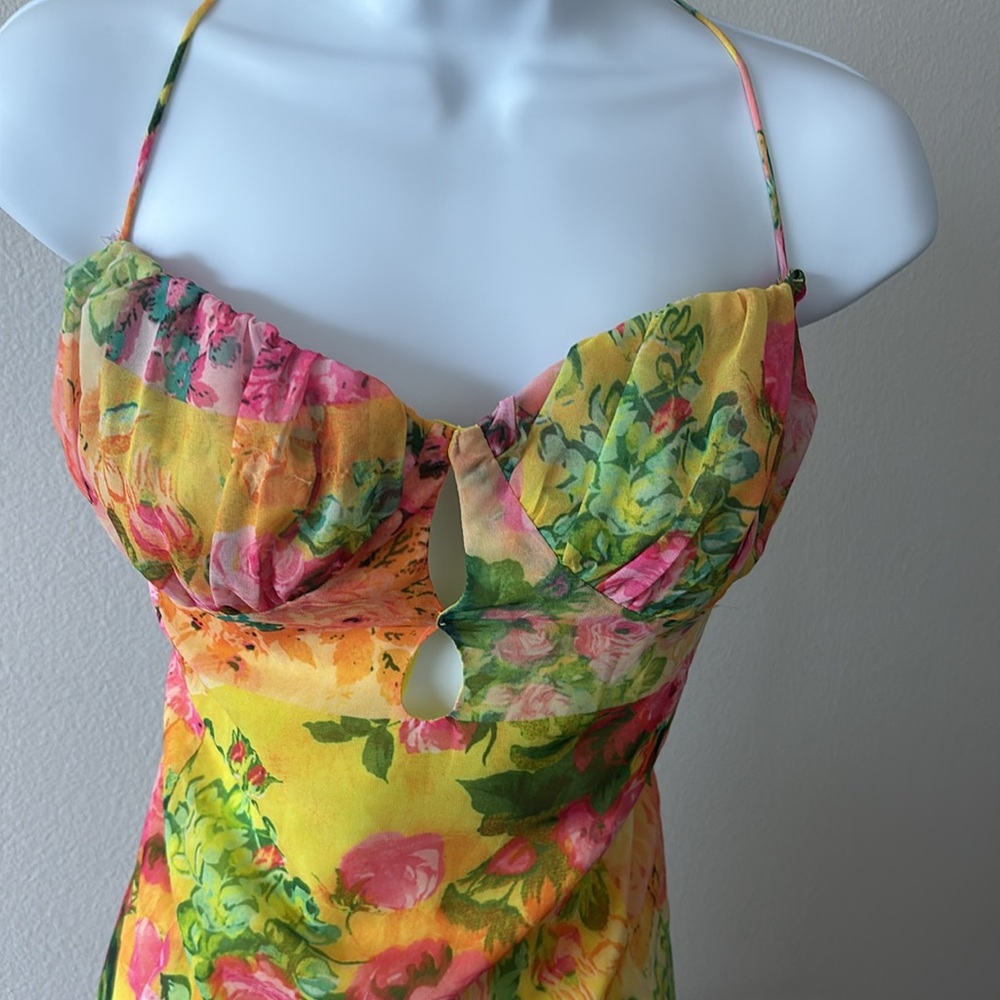 NWT Floral Dress L Y2K Lace-Up Back Maxi Side Slit Coquette Boho Resort Romantic - Picture 13 of 16
